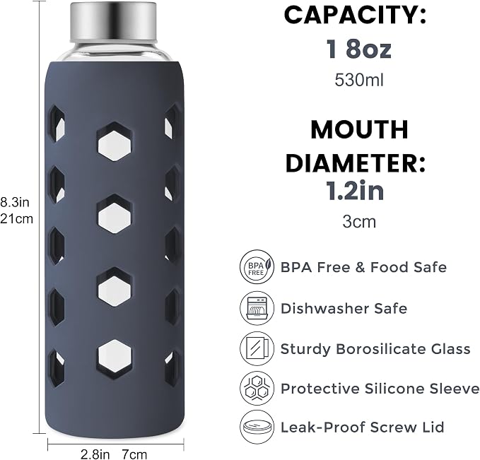 Mrsdry 18 oz Glass Water Bottles with Lids & Silicone Sleeves, 4-Pack | BPA Free, Leak-Proof Reusable Glass Drinking Bottles with Stainless Steel Airtight Cap for Juicing, Dishwasher Safe, Non-Slip