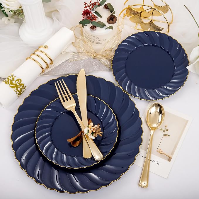 YOUBET 150PCS Blue Plastic Plates for Wedding Birthday Parties | Heavy Duty Navy Blue Disposable Plates include 50 Plates, 75 Silverware, 25 Napkins