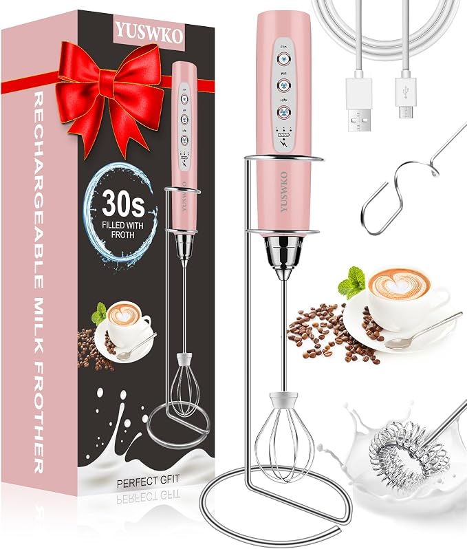 YUSWKO Handheld Milk Frother Wand for Coffee, Rechargeable Electric Whisk with 3 Heads 3 Speeds Drink Mixer Coffee Frother For Latte, Cappuccino, Hot Chocolate, Egg, Pink with Holder