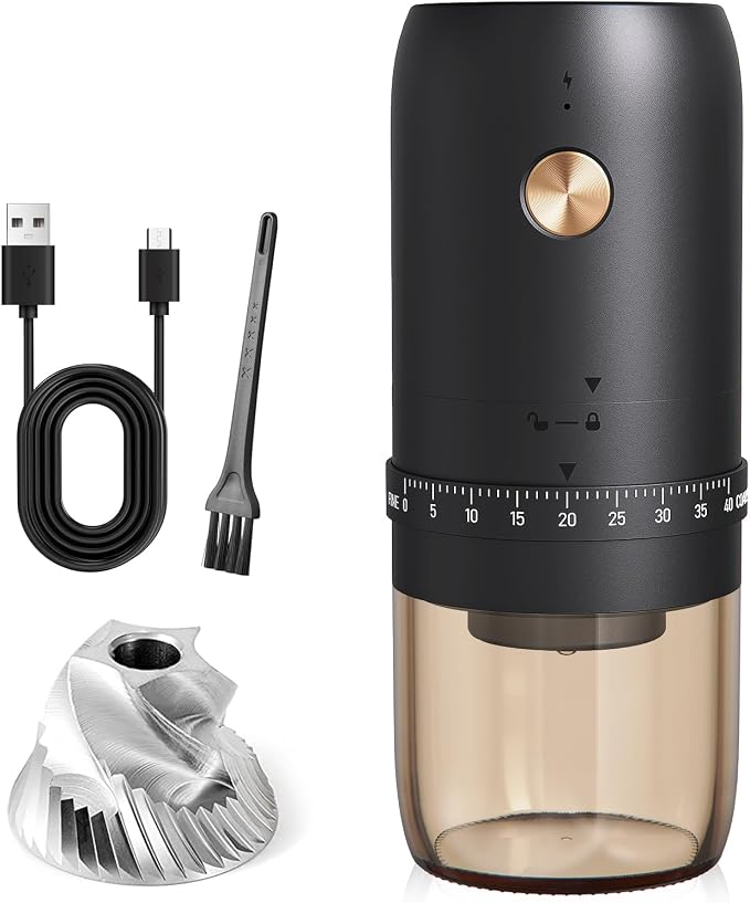 Portable Electric Coffee Grinder, 40 Settings, Conical Burr, USB-C, Black | CNC420 stainless steel burr grinds 15 g in 2 minutes, stops automatically, and comes apart for easy cleaning at home or away