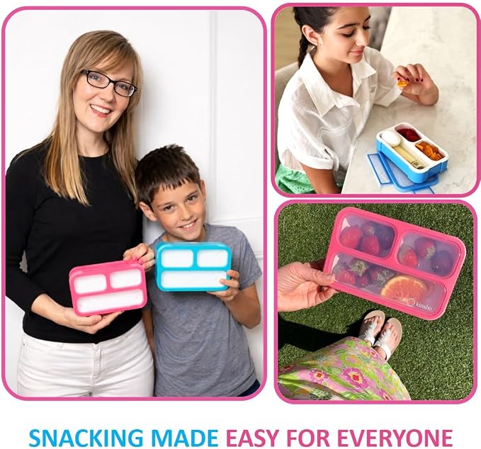 kinsho Small Snack Box Containers for Kids Toddlers, Pink Blue, Set of 2 | 3 Compartments, Leak-Proof, Spill Proof, BPA-Free Reusable Mini Bento Lunch Box for Girl & Boy Daycare School, Holds 2 Cups