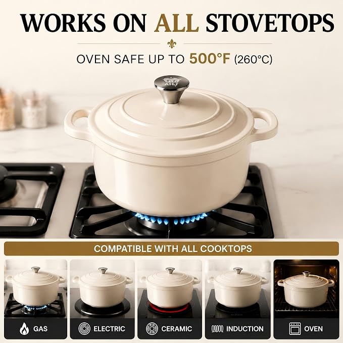 AHJ Enameled Cast Iron Dutch Oven Set - 4 Piece Cookware Set with Lids | 4.8Qt, 2.6Qt and 1.3Qt Dutch Ovens, Stackable Cast Iron Pots and Pans Sets for Bread Baking, Slow Cooking and Roasting, White