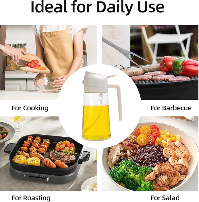 Aovdy Oil Sprayer for Cooking 16oz,2 in 1 Olive Oil Dispenser and Oil Sprayer - 470ml Olive Bottle Spray and Pour - Glass Oil Dispenser for Kitchen Cooking Salad BBQ (2PCS-White & Green)
