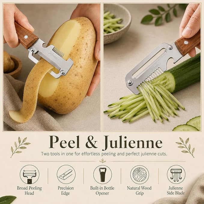 3-in-1 Vegetable Peeler with Bottle Opener, Wooden Handle | Peels, slices, and shreds fruits and vegetables with a stainless steel blade, wooden handle, and built-in bottle opener