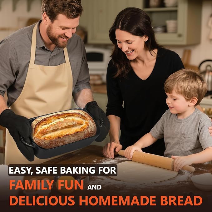 Cast Iron Loaf Pan 9.5x5 Inch, Pre-Seasoned Bread Baking Pan | Crispy Golden Crusts, Even Heat Distribution, Oven Mitts & Recipe Book Included, No Lid