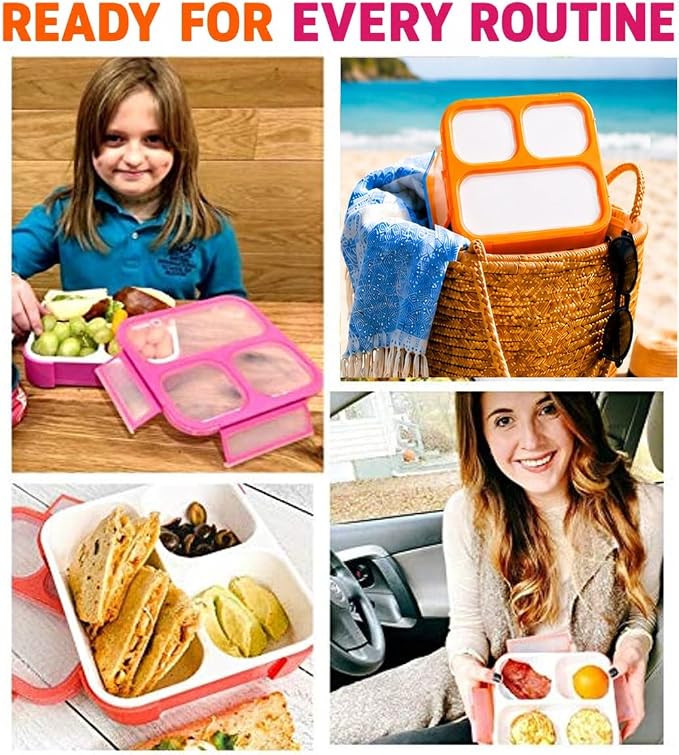 kinsho Bento Box for Kids, Toddler Lunch Boxes Snack Container for Small Boys Girls School Daycare, Leakproof 3 Compartments, Adult Portion Control Snacks, BPA Free. Medium Orange Pink 2 Pack