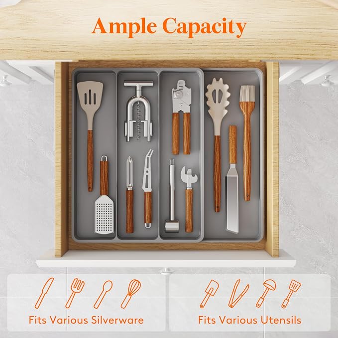 Lifewit Utensil Organizer for Kitchen Drawer, Expandable Cooking Tray | Adjustable Cutlery Flatware Holder, Plastic Silverware Spatula Tools Storage Divider, 11.9-17.3 x 15.8", Gray