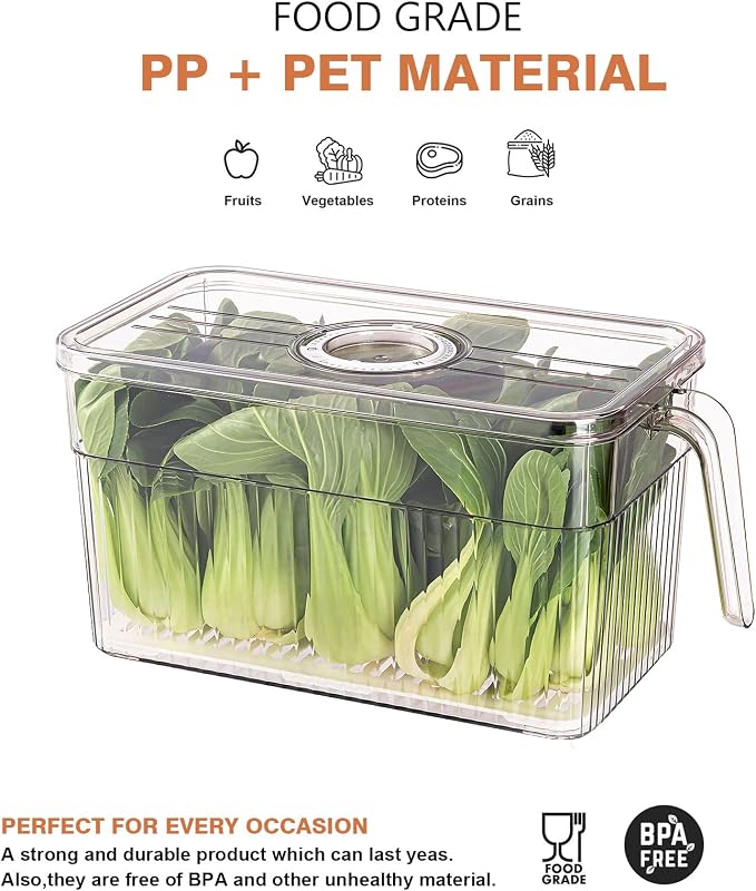 2 Pack Plastic Food Storage Produce Containers for Fridge, Stackable Lettuce Keeper for Refrigerator with Removable Drain Tray Keep Fresh for Vegetables/Fruit/Berry/Salad - 10'' x 5.3'' x 5.2''