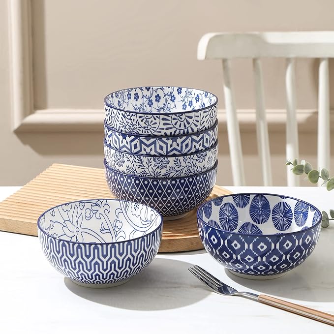 Selamica Ceramic Cereal Bowls Set of 6, 24 Oz Deep Soup Bowls for Kitchen | 5.9 Inch Dessert Bowls for Salad, Pasta, Oatmeal, Ramen, Microwave Dishwasher Safe, Vintage Blue