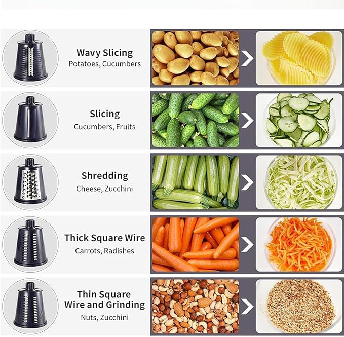Rotary Cheese Grater with Handle, Vegetable Chopper Quick Chop Blades, Compact Design for Home and Professional Kitchens Meal Prep Tool, Kitchen Gadget 5-in-1 with Blade Storage Box (Purple)