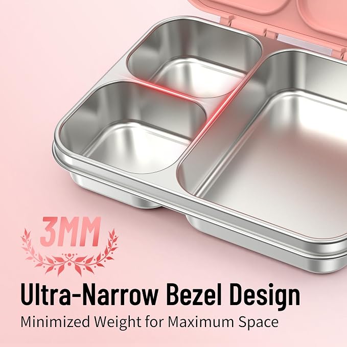 LOHASOK Stainless Steel Lunch Box, 34oz/1000ml, Pink | 3-Compartment, Metal Bento Container, Leak Proof, Plastic Lid, for Kids Adults, BPA/BPS Free, Dishwasher Safe