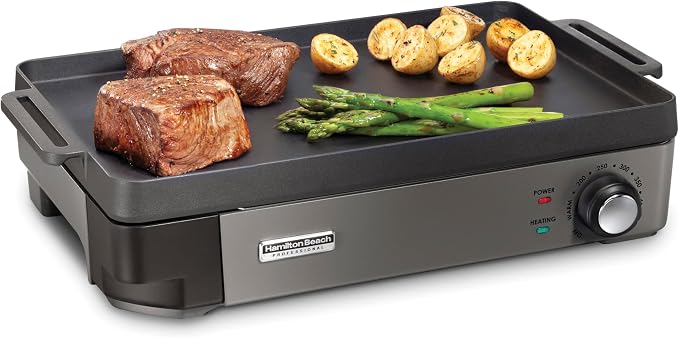 Hamilton Beach Professional Cast Iron Electric Griddle & Indoor Grill | Durable 10" x 16" Preseasoned Cooking Surface | Adjustable Temperature up to 450° F | Black | 38560