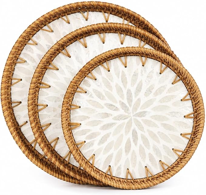Round Rattan Serving Trays, Set of 3, White Leaf | Coffee Table Trays, Decorative Wicker Trays, Bread and Fruit Display, Ottoman Tray Set, Leaf Pattern