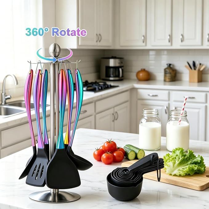Silicone Cooking Utensils Set, 17pcs Kitchen Utensil Set with Rotatable Holder, Heat-Resistant Silicone Utensils for Cooking, Non-Stick Spatula Set with Stainless Steel Handle,Turner,Ladle (Rainbow)