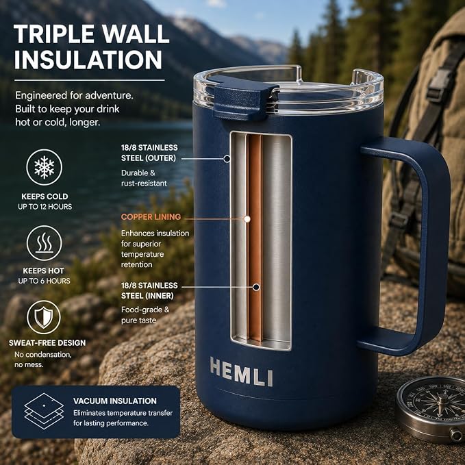 16 oz Pour Over Camping Coffee Maker Set– Vacuum Insulated Mug with Leakproof Lid, Stainless Steel Micro Filter, Portable Coffee Maker for Camping, Travel & Outdoor Adventures