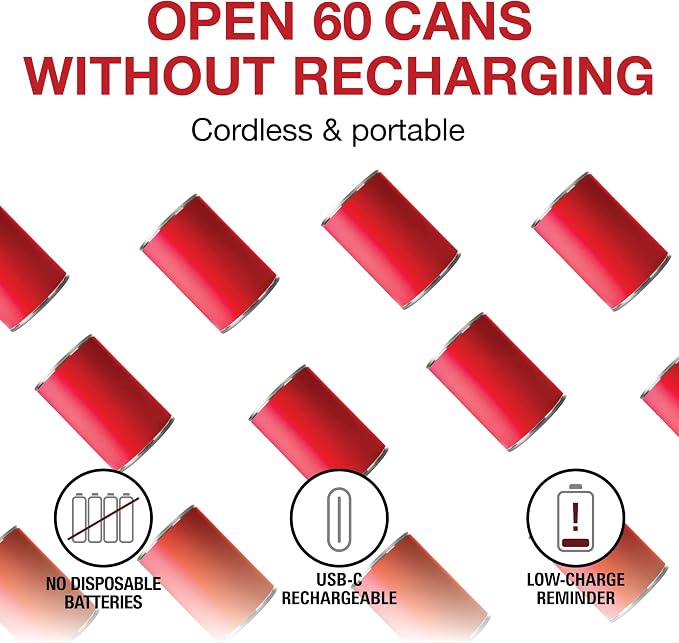 Proctor Silex Hands-Free Cordless USB Rechargeable Electric Can Opener | Automatic Shutoff | Self-Aligning | Smooth Touch Lid Edges | Compact & Easy to Store | Red | 76505