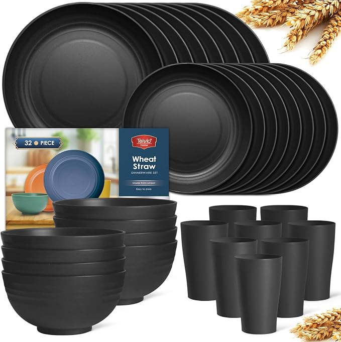 Teivio 32-Piece Plates and Bowls Sets for 8, Deep Black Dinnerware Sets | 13.5oz Cups, Plastic Wheat Straw Unbreakable Dish Set, Dishwasher Safe, for Outdoor Camping RV Apartment Essentials Plate Set