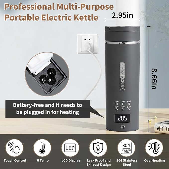 Travel Electric Kettle, LCD Display with 6 Temperature Settings, 304 Stainless Steel, 450ml/15.2oz, Auto Shut-Off and Boil-Dry Protection, Compact Portable Electric Kettle, Gray