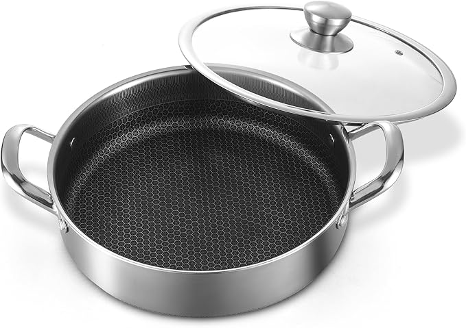 Toutrop Stainless Steel Saute Pan 12 inch Deep Frying Pan,5 Quarts Nonstick Skillet Large Sauté Pan with Lid,PFOA Free Cookware,Induction Compatible Chef Cooking Pan,Dishwasher & Oven Safe