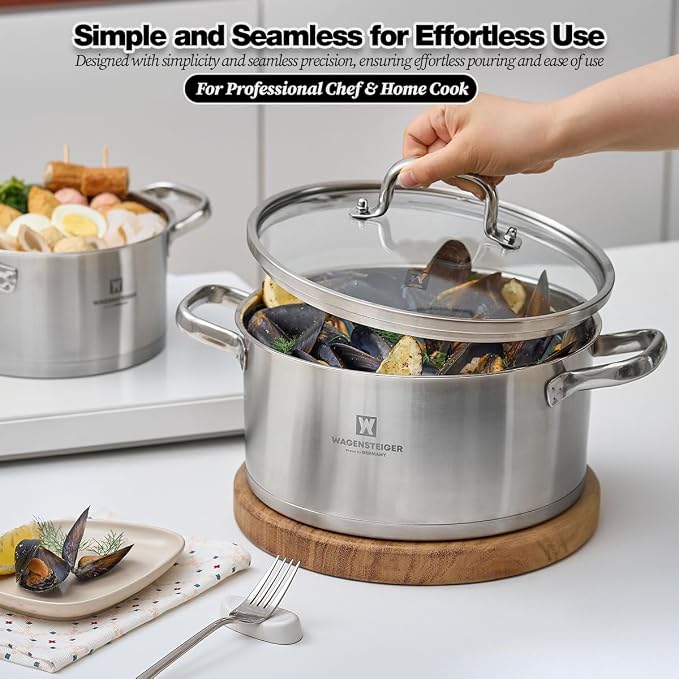 WAGENSTEIGER 7.27-Quart Dutch Oven, Stainless Steel 3-Layer Construction with Aluminum Core, Tempered Glass Lid, Spacious Stock Pot for Boiling, Stewing, Canning – For All Stovetops (9.84" Diameter)
