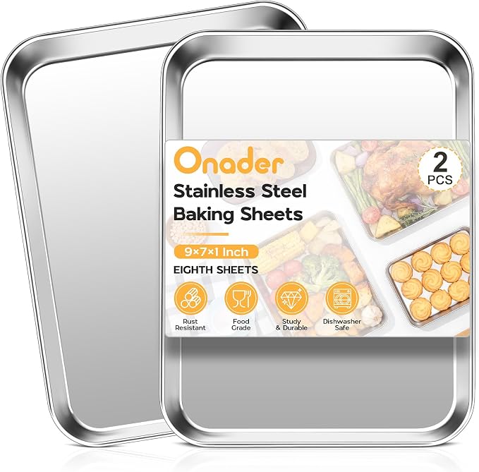 Onader Baking Sheet Pan Tray Set of 2, Stainless Steel Small Baking Cookie Sheets, 9 x 7 Inch Mini Toaster Oven Trays, Food-Grade Durable Mirror Finish & Dishwasher Safe