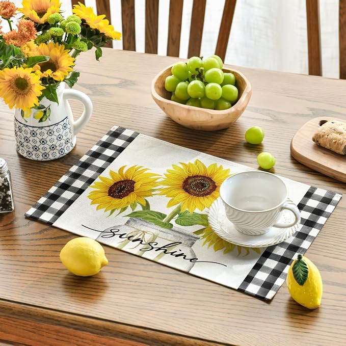 Artoid Mode Buffalo Plaid Sunflower Sunshine Vase Summer Placemats Set of 6, 12x18 Inch Spring Table Mats for Party Kitchen Dining Decoration