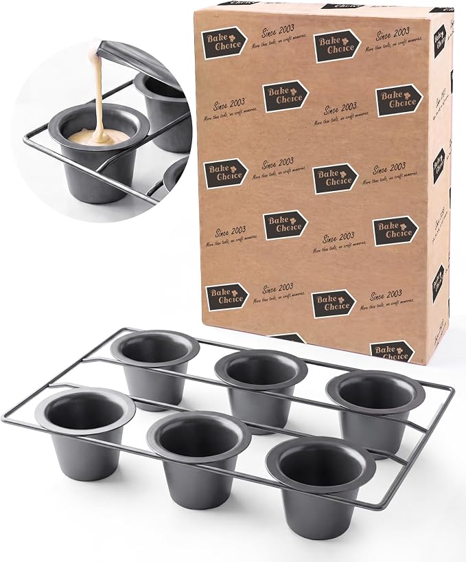 Bake Choice Nonstick 6-Cup Popover Pan, Heavy-Duty Carbon Steel | Rust-proof | Flake-free | Warp-resistant | Fast heating | Professional Yorkshire pudding pan with PFOA-free coating
