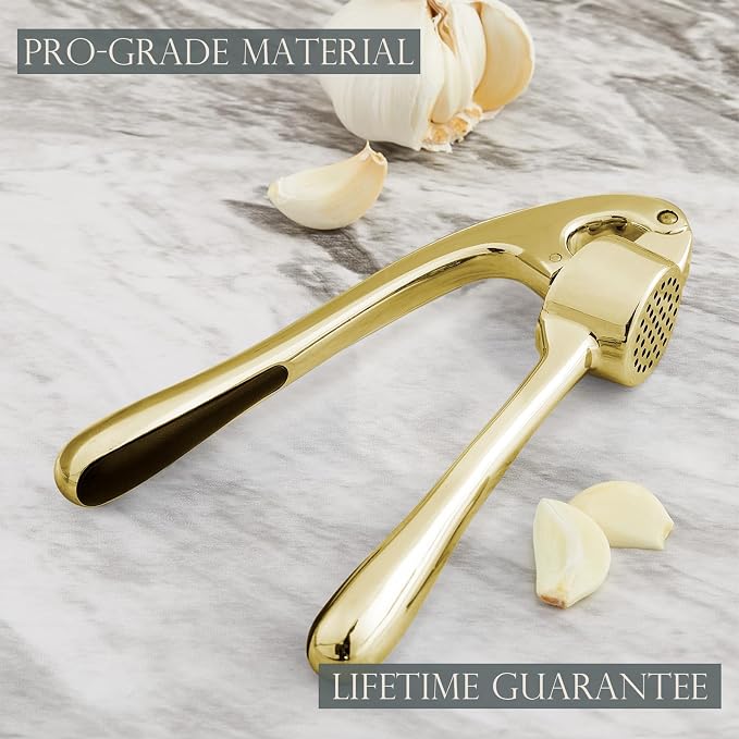 Kitessensu High Effective Premium Garlic Press Set, With Silicone Garlic Peeler & Brush, Heavy Duty Garlic Mincer, Easy to Squeeze and Clean, Rust Proof & Dishwasher Safe - Gold