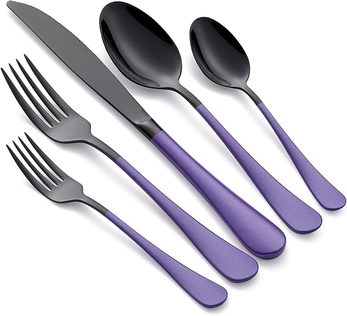20-Piece Black Silverware Set 18/0 Stainless Steel Flatware Purple Handle Cutlery Set Service for 4 Dinner Knives Forks Spoons Set Mirror Finish Dishwasher Safe