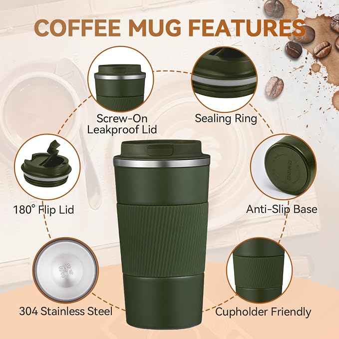 12OZ Travel Coffee Mug Insulated Coffee Cup with Spill Leak Proof Lid, Portable Stainless Steel Tumbler Reusable Hot and Cold Water Mug for Car, Daily, Camping- Military Green