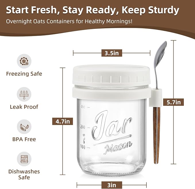 LANDNEOO 4 Pack Overnight Oats Containers with Lids and Spoons, 16 oz Glass Mason Jars with Airtight Lids, Overnight Oats Jars for Milk, Cereal, Fruit-White