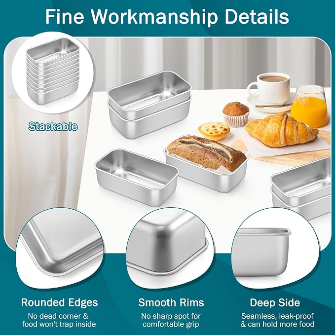 TeamFar Mini Loaf Pan, 8 PCS Stainless Steel Loaf Pans for Baking Bread | 6.3 x 3.5 Inch Bread Baking Pan for Homemade Bread, Meatloaf, Cake and Brownies, Non-Toxic, Oven & Dishwasher Safe