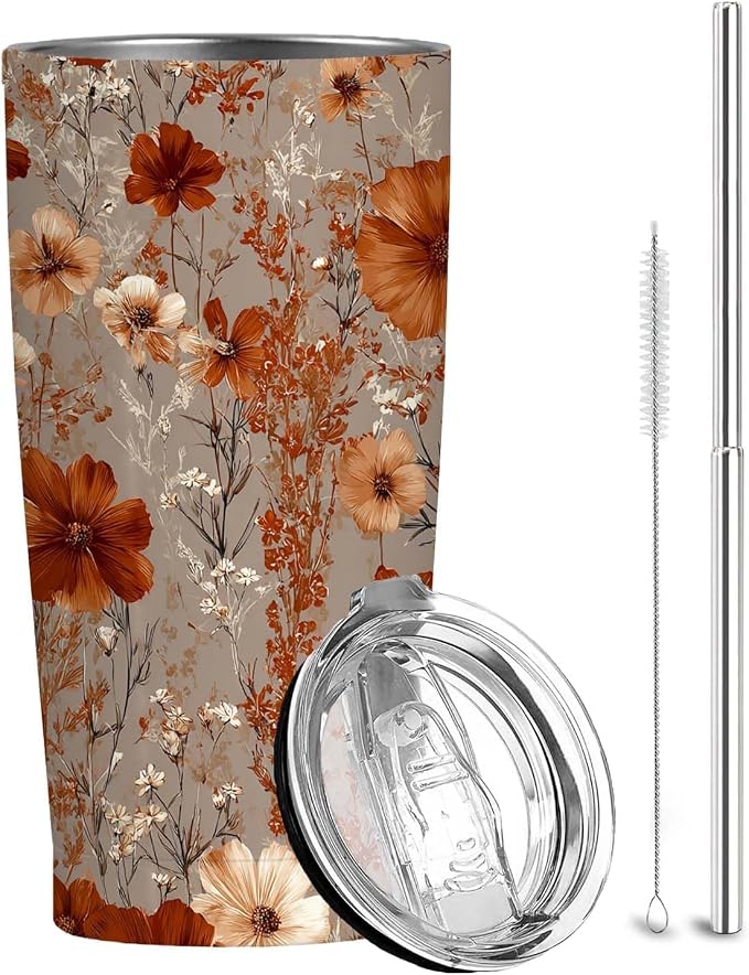 Retro Floral Tumbler 20 oz Stainless Steel Insulated Travel Mug with Lid and Straw, Vintage Flower Coffee Tumbler Cup for Hot Cold Drinks, Botanical Floral Gifts for Women