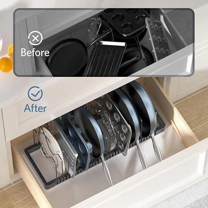 Pots and Pans Organizer under Cabinet, Expandable Pot Lid Organizer Holder with 10 Adjustable Compartment, Pan Organizers inside Cabinet for Lids, Bakeware, Kitchen Storage Pot Rack, Black