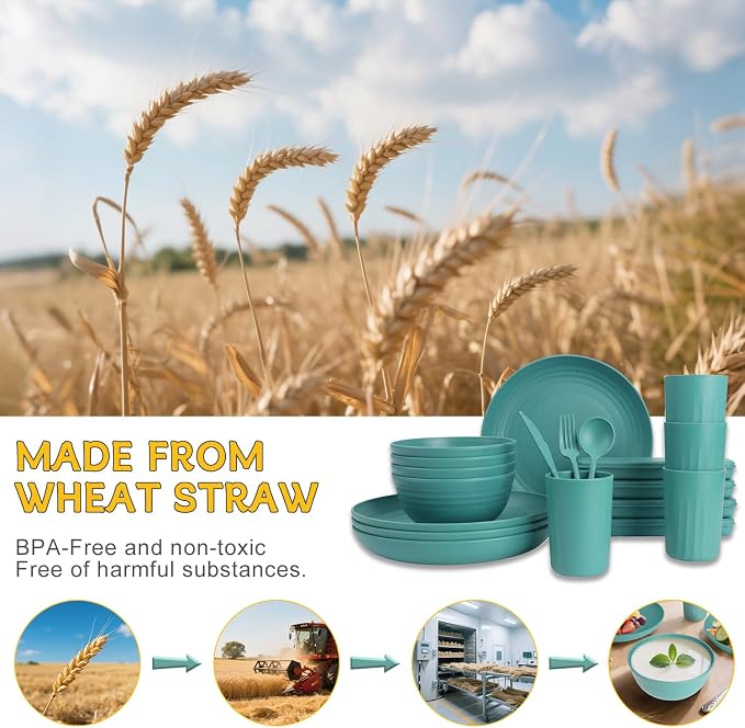Wheat Straw Plates and Bowls Sets 28 PCS,Chip Resistant Dinnerware Sets for 4,Microwave Safe Dish Sets, Stackable and Lightweight Cup Set, Cutlery Set for Kitchen,Outdoor,Camping(Green)