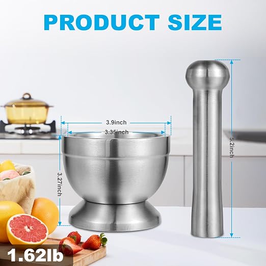Mortar and Pestle Set, 18/8 Stainless Steel | Non-Slip Base, Food-Grade Stainless Steel Spice Grinder for Grind Spices, Herbs, Pills & Make Pesto – Easy to Clean