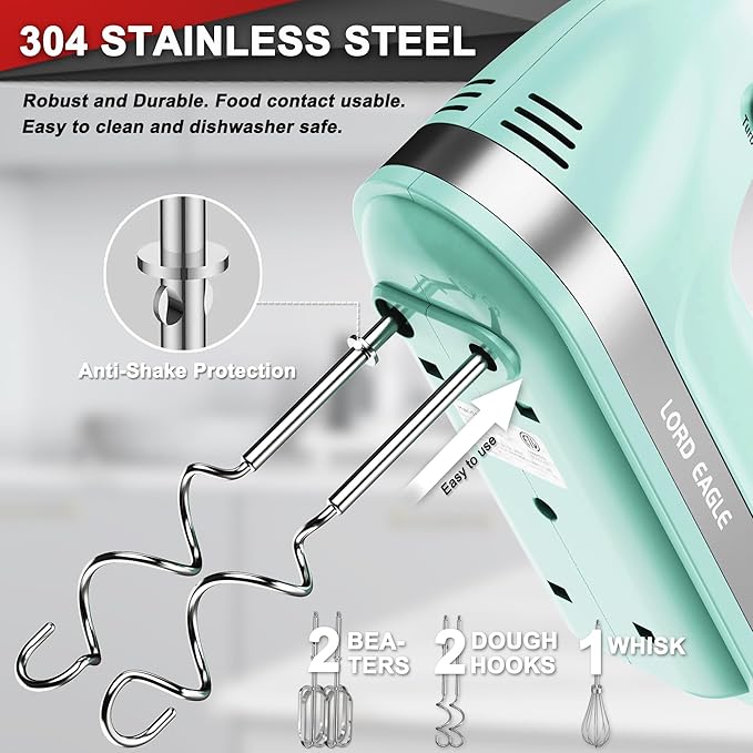 Lord Eagle Hand Mixer Electric Handheld 400W,5-Speed Lightweight, Green | Kitchen Mixer with Storage Case, 5 Stainless Steel Attachments for Baking Cake Egg Cream Food Beater, Turbo+Eject Button