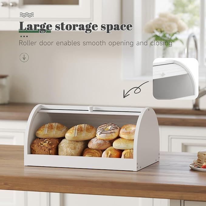 STDDRE Corner Bread Box for Kitchen Countertop Roll Top Bread Box Kitchen Food Storage Box for Homemade Bread Bread Holder for Kitchen Counter Pantry Shelf (White)