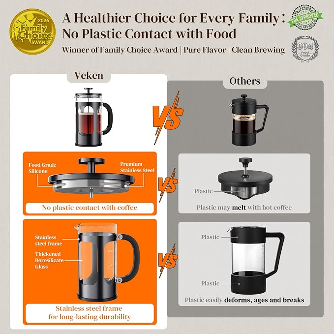Veken French Press Coffee Maker, No Plastic Touching Cafe,34oz 1 L Cafetera | Thickened Glass Stainless Steel Cold Brew Pot for Kitchen,Travel,Camping,Tea, Gifts, Bar Accessories,Dark Pewter