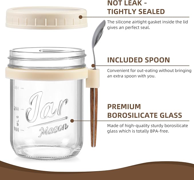 LANDNEOO 4 Pack Overnight Oats Containers with Lids and Spoons, 16 oz Glass Mason Jars with Airtight Lids, Overnight Oats Jars for Milk, Cereal, Fruit-Beige