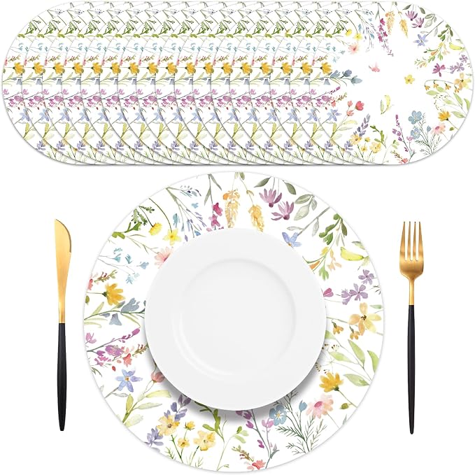 50PCS Floral Disposable Paper Placemats 13.5 Inch Summer Flowers Placemats Pastel Watercolor Round Table Mats for Wedding Anniversary Bride Party Supplies