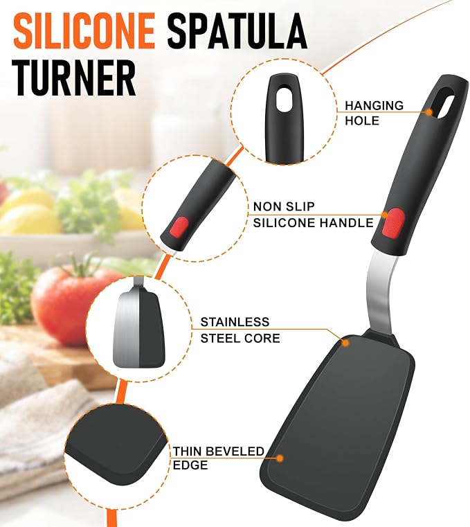 4Pcs Silicone Spatula Turner Set, Heat Resistant Silicone Spatula for Nonstick Cookware, BPA Free Kitchen Cooking Utensils Set, Flexible Spatula Turner for Flipping Eggs, Burger, Fish, Pancake