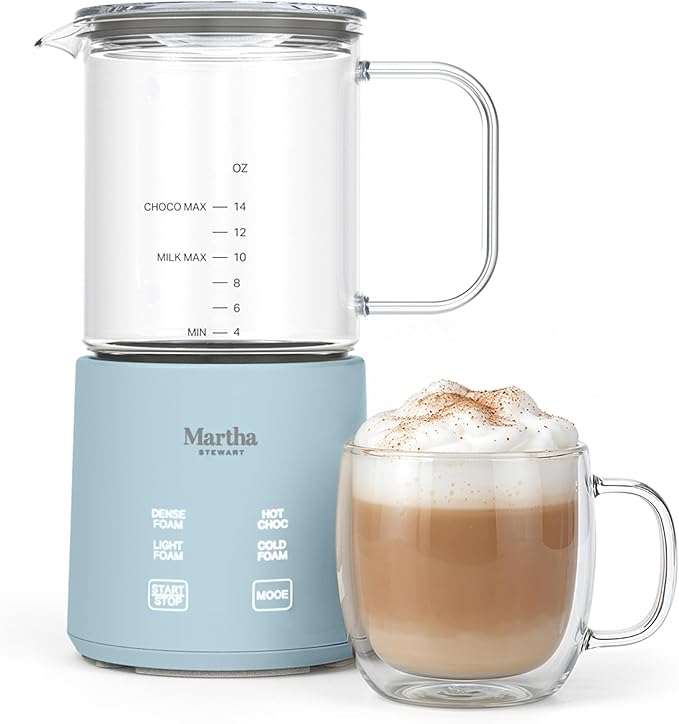 Martha Stewart 10oz Milk Frother & Steamer, 4 Presets, 300ml Glass Pitcher | Light, Dense, Cold Foam & Hot Chocolate, Ready in 90 Seconds, Cordless Pouring, Runs Quiet, Almond, Soy & Oat Milk, Sky Blue