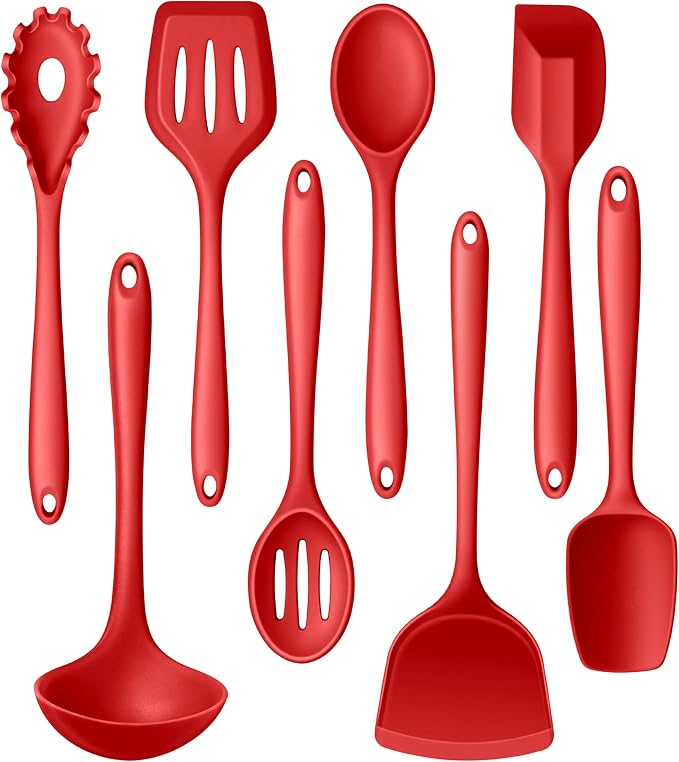 LIANYU 8Pcs Kitchen Cooking Utensils Set, Red Silicone Spatula Utensils | Metal Core, Non-Toxic Cooking Gadgets Tools for Non-stick Cookware, Heat Resistant & Dishwasher Safe