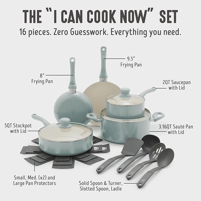 GreenLife 16pc Ceramic Nonstick Pots & Pans Cookware Set, Mint Green | PFAS-Free Nonstick Coating, Stockpot, Frying Pans, Saucepan, Sauté, Induction Ready, All Stovetop Compatible, Dishwasher Safe