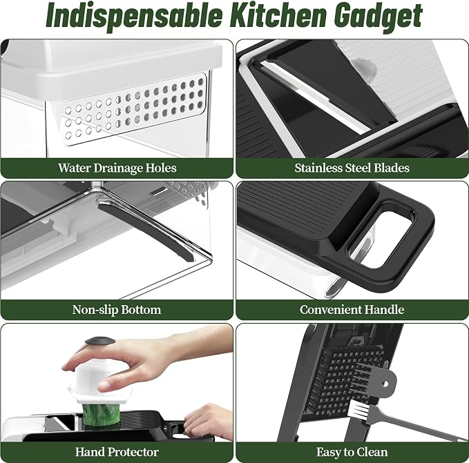 15-in-1 Vegetable Chopper 10 Blades, Veggie Cutter with Handle, Black/White | Stainless Steel Blades, Food Container and Lid, Dicer, Slicer, Julienne, Egg Separator, Non-slip Base, Include Cleaning Tools