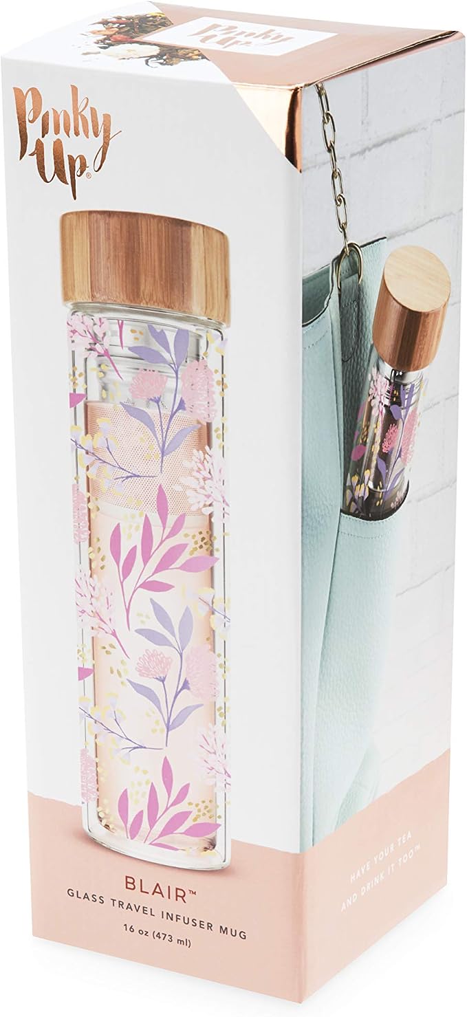 Pinky Up Blair Travel Tea Infuser Mug, Double Walled Insulated Travel Tumbler with Loose Leaf Tea Strainer, Travel Coffee Mug, Keeps Drinks Hot or Cold, 16 oz, Botanical Design