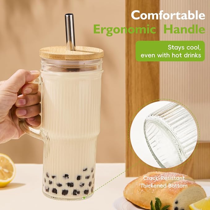 JunVpic Glass Tumbler, 24 oz Ice Coffee Cups with Bamboo Lid and Handle | Stainless steel straws and cleaning brushes, Ribbed design for iced coffee, smoothies, tea and daily drinks