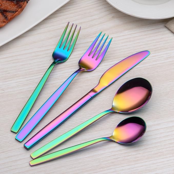 Berglander Rainbow Silverware Set 20 Pieces Service for 4, Colorful Titanium Plating Stainless Steel Flatware Sets, First Apartment Must Have Cutlery Utensils Set, Dishwasher Safe