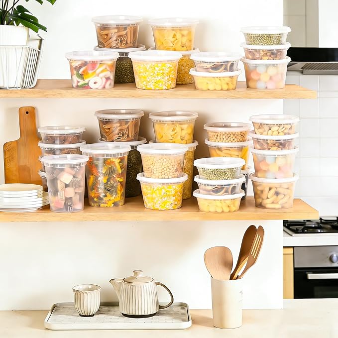 BYSNOW 60 Sets Deli Containers with Lids Plastic Food Storage Containers | 32/16/8 oz X 20 Set Each, Leak-Proof & BPA Free Airtight Stackable Takeout, Freezer/Microwave/Dishwasher Safe